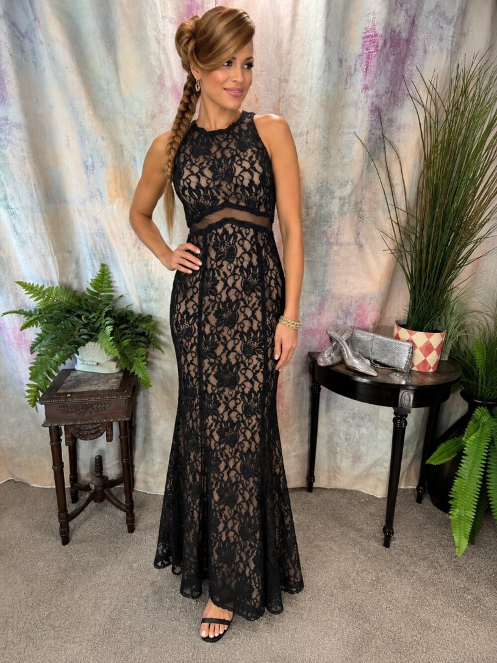 📌Xscape Elegant Floral Lace Sheer Illusion Waist Panel Formal - Black-Tie Gown